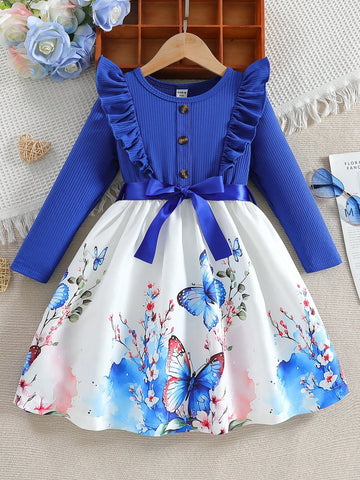 Girls Young Girl New Printed Long Sleeve Ribbed Waist Flared A-Line Dress