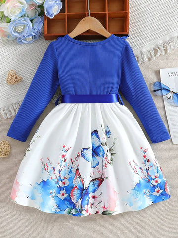 Girls Young Girl New Printed Long Sleeve Ribbed Waist Flared A-Line Dress