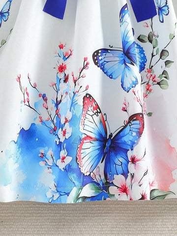 Girls Young Girl New Printed Long Sleeve Ribbed Waist Flared A-Line Dress