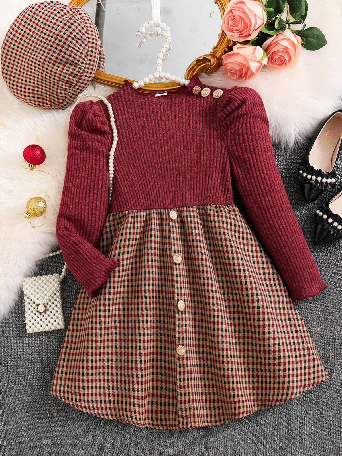Girls Young Girl Puff Sleeve Knit Ribbed Sweater Top And Woven Plaid Hemline Casual Dress With Hat, Elegant Lady Style, Autumn/Winter