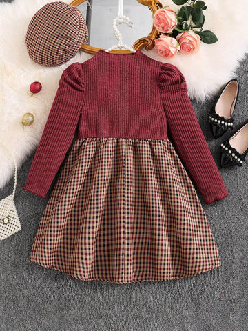 Girls Young Girl Puff Sleeve Knit Ribbed Sweater Top And Woven Plaid Hemline Casual Dress With Hat, Elegant Lady Style, Autumn/Winter