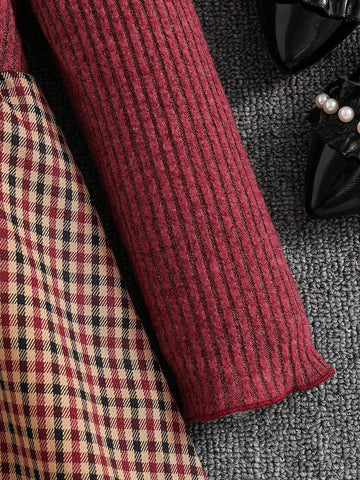 Girls Young Girl Puff Sleeve Knit Ribbed Sweater Top And Woven Plaid Hemline Casual Dress With Hat, Elegant Lady Style, Autumn/Winter