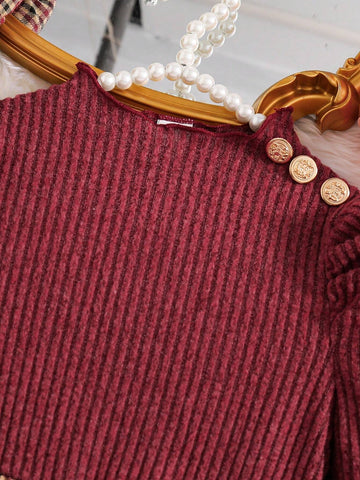 Girls Young Girl Puff Sleeve Knit Ribbed Sweater Top And Woven Plaid Hemline Casual Dress With Hat, Elegant Lady Style, Autumn/Winter