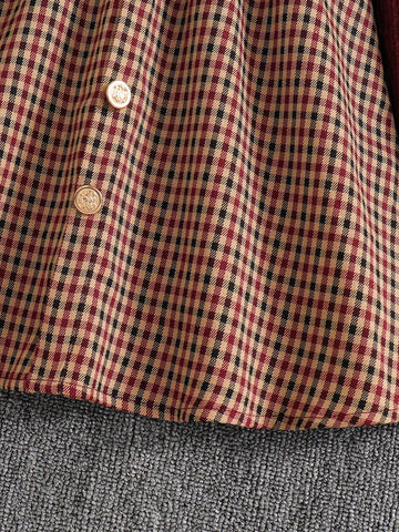 Girls Young Girl Puff Sleeve Knit Ribbed Sweater Top And Woven Plaid Hemline Casual Dress With Hat, Elegant Lady Style, Autumn/Winter