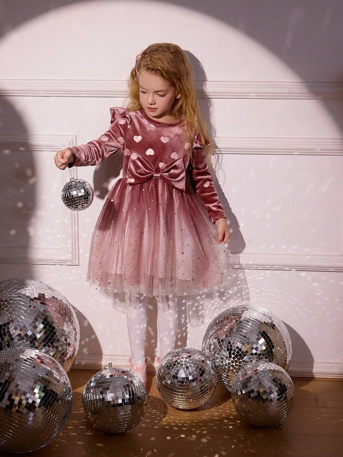 Girls Young Girl Velvet Heart Patchwork Long Sleeve Mesh Princess Dress With Big Bow And Star Mesh Ombre Style, Spring/Autumn