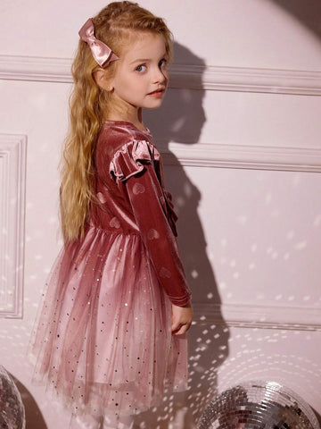 Girls Young Girl Velvet Heart Patchwork Long Sleeve Mesh Princess Dress With Big Bow And Star Mesh Ombre Style, Spring/Autumn