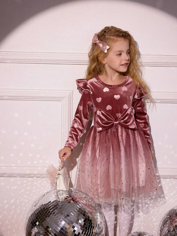 Girls Young Girl Velvet Heart Patchwork Long Sleeve Mesh Princess Dress With Big Bow And Star Mesh Ombre Style, Spring/Autumn
