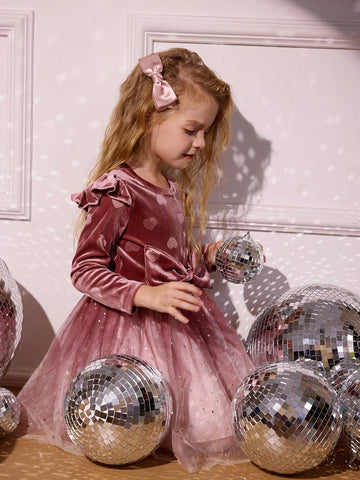 Girls Young Girl Velvet Heart Patchwork Long Sleeve Mesh Princess Dress With Big Bow And Star Mesh Ombre Style, Spring/Autumn