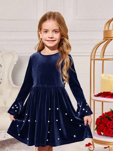 Girls & Toddler Elegant Velvet Pearl Decor Dress, Suitable For Party Wear
