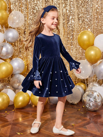 Girls & Toddler Elegant Velvet Pearl Decor Dress, Suitable For Party Wear