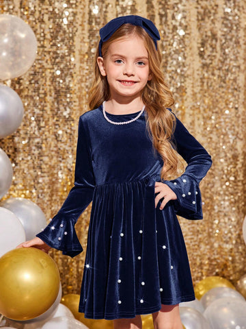 Girls & Toddler Elegant Velvet Pearl Decor Dress, Suitable For Party Wear