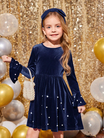 Girls & Toddler Elegant Velvet Pearl Decor Dress, Suitable For Party Wear