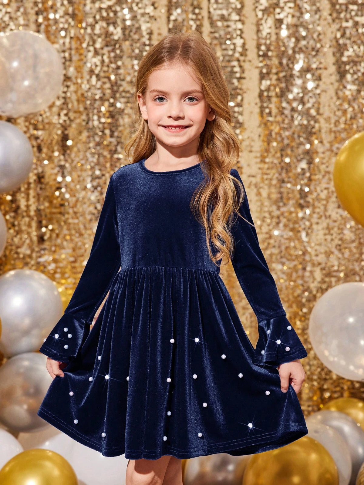Girls & Toddler Elegant Velvet Pearl Decor Dress, Suitable For Party Wear