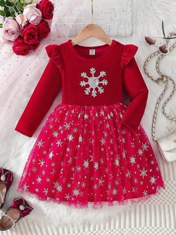 Glamorique Kids 1 Pc Young Girl Elegant Velvet Material Snowflake Beaded Embroidery Cap Sleeve Top With Mesh Skirt, Party & Banquet Dress