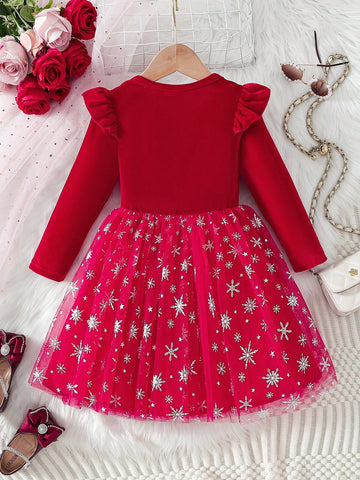 Glamorique Kids 1 Pc Young Girl Elegant Velvet Material Snowflake Beaded Embroidery Cap Sleeve Top With Mesh Skirt, Party & Banquet Dress