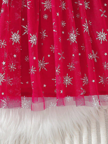Glamorique Kids 1 Pc Young Girl Elegant Velvet Material Snowflake Beaded Embroidery Cap Sleeve Top With Mesh Skirt, Party & Banquet Dress