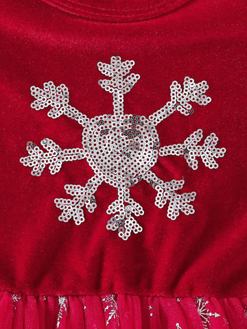 Glamorique Kids 1 Pc Young Girl Elegant Velvet Material Snowflake Beaded Embroidery Cap Sleeve Top With Mesh Skirt, Party & Banquet Dress