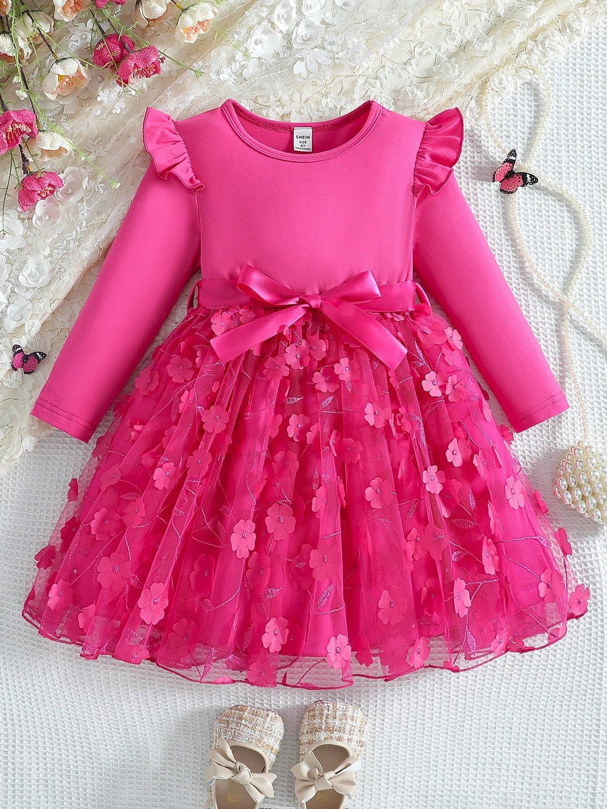 Kids 2pcs/Set Girls Casual Knitted Crew Neck Sweater And A-Line Mesh Skirt Dress