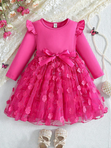 Kids 2pcs/Set Girls Casual Knitted Crew Neck Sweater And A-Line Mesh Skirt Dress