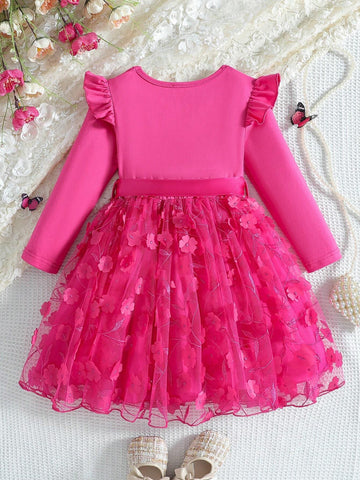 Kids 2pcs/Set Girls Casual Knitted Crew Neck Sweater And A-Line Mesh Skirt Dress