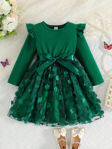 Kids 2pcs/Set Little Girls Round Neck Knit Top & Mesh A-Line Skirt Dress