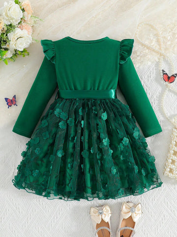 Kids 2pcs/Set Little Girls Round Neck Knit Top & Mesh A-Line Skirt Dress
