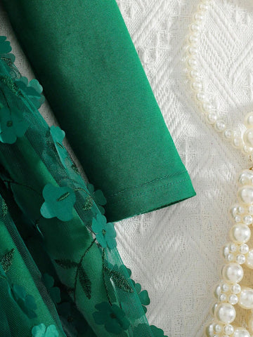 Kids 2pcs/Set Little Girls Round Neck Knit Top & Mesh A-Line Skirt Dress