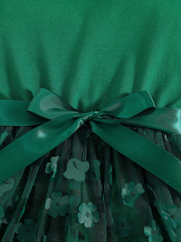 Kids 2pcs/Set Little Girls Round Neck Knit Top & Mesh A-Line Skirt Dress