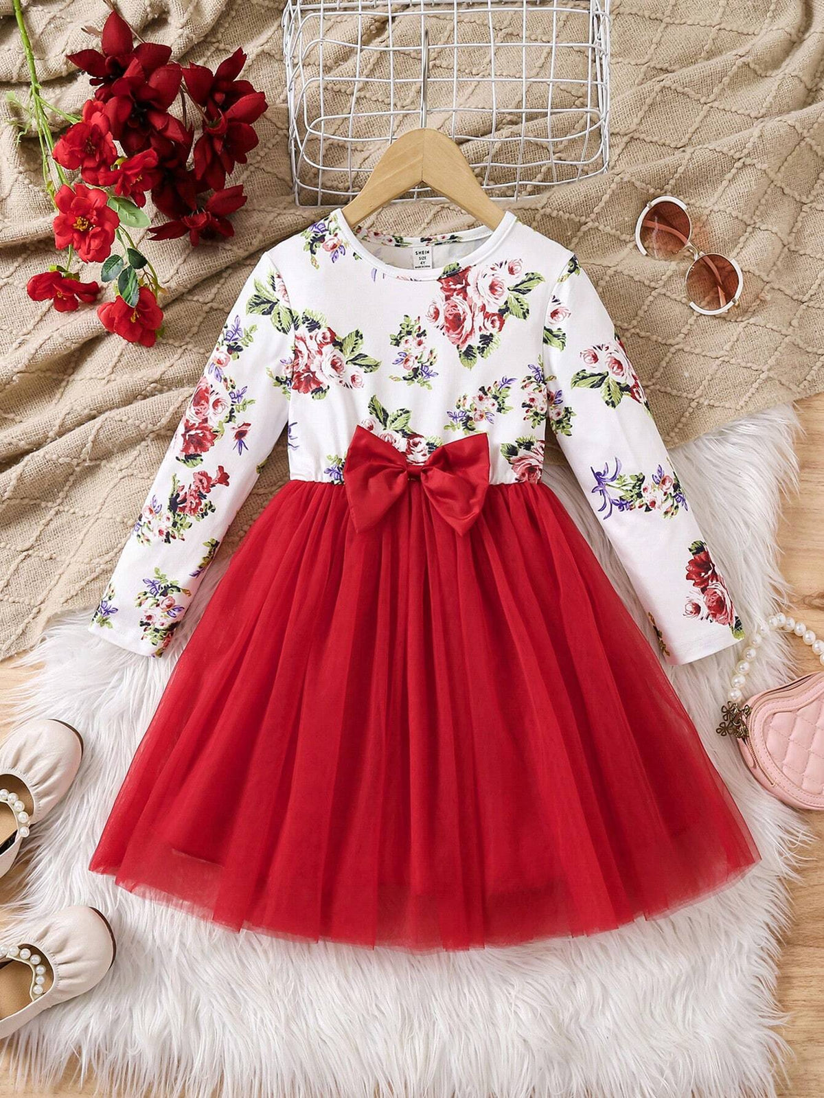 Glamorique Kids Christmas Holiday Red Santa Claus Print Mesh Puff Dress With Bow Decor, Fashionable & Festive For Girls