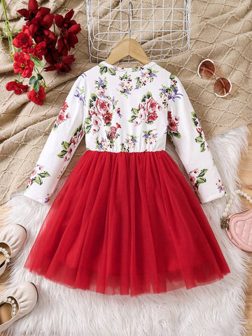 Glamorique Kids Christmas Holiday Red Santa Claus Print Mesh Puff Dress With Bow Decor, Fashionable & Festive For Girls