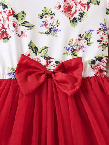 Glamorique Kids Christmas Holiday Red Santa Claus Print Mesh Puff Dress With Bow Decor, Fashionable & Festive For Girls