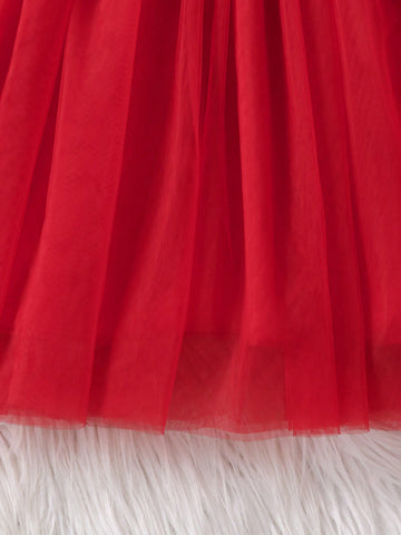 Glamorique Kids Christmas Holiday Red Santa Claus Print Mesh Puff Dress With Bow Decor, Fashionable & Festive For Girls
