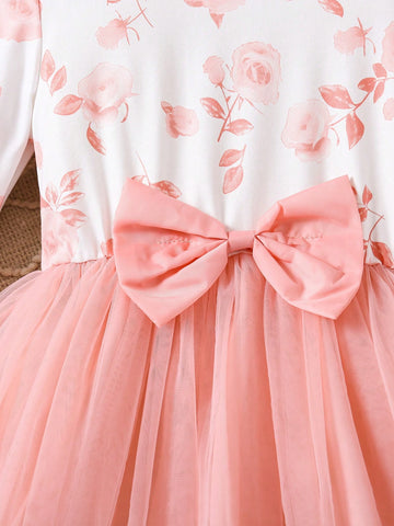 Glamorique Kids Christmas Red Christmas Print With Mesh Tulle Skirt And Bow Accent Fashion Mood Girls Dress