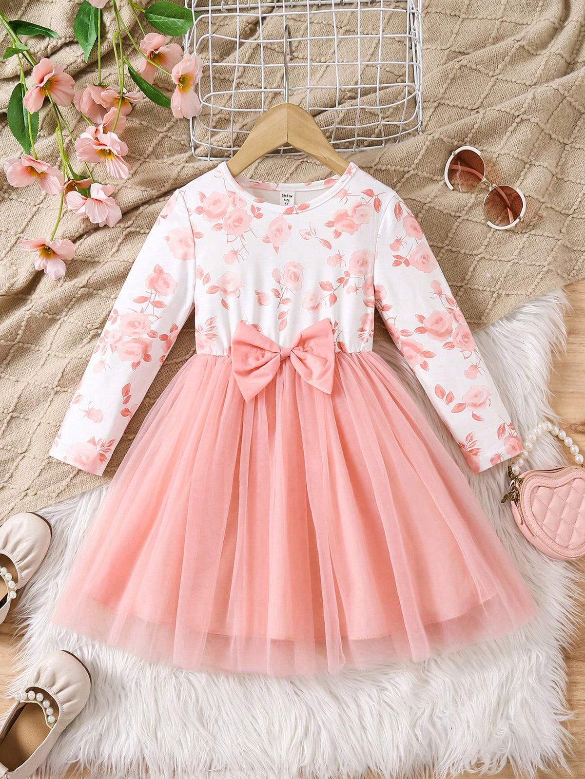 Glamorique Kids Christmas Red Christmas Print With Mesh Tulle Skirt And Bow Accent Fashion Mood Girls Dress
