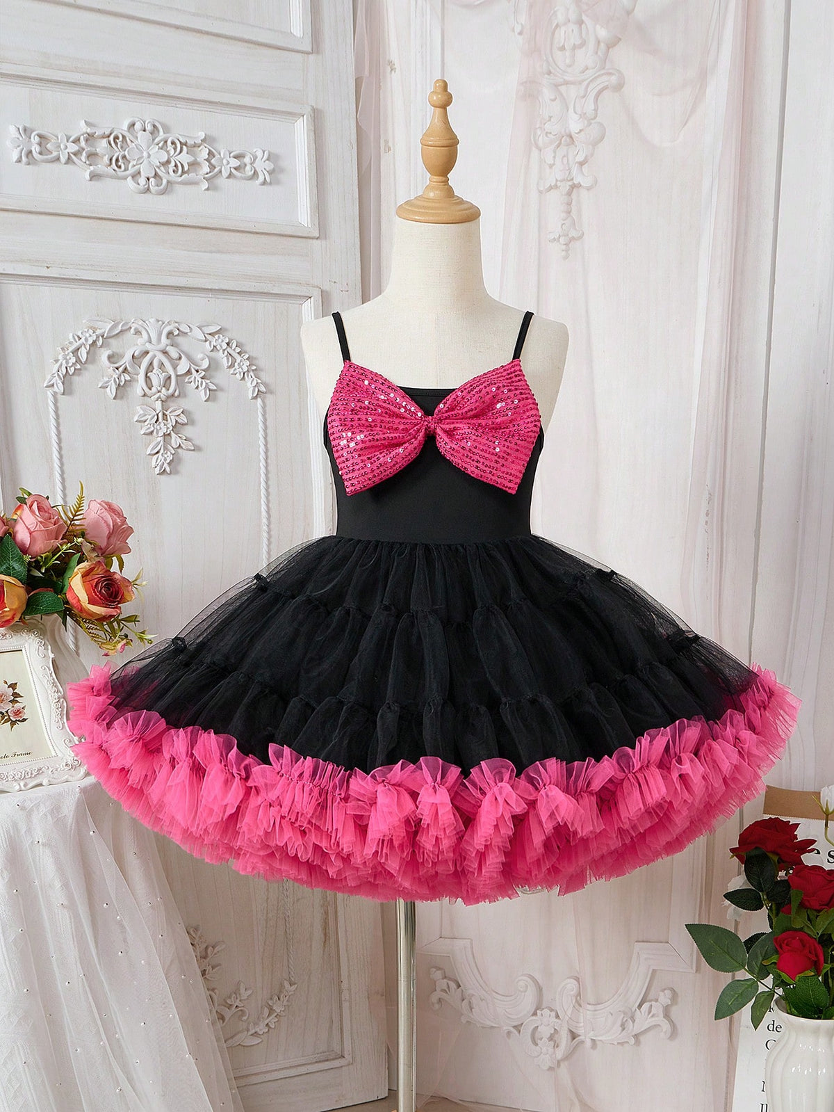 Glamorique Kids Girls' Christmas Puff Skirt With Big Bow Design And Sequin Decor, Festive Atmosphere With Childlike Charm