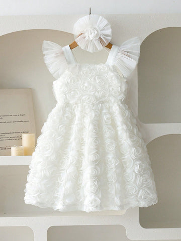 Kids Girls Elegant 3D Floral Embroidery Cap Sleeve Dress