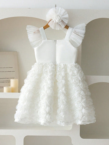 Kids Girls Elegant 3D Floral Embroidery Cap Sleeve Dress