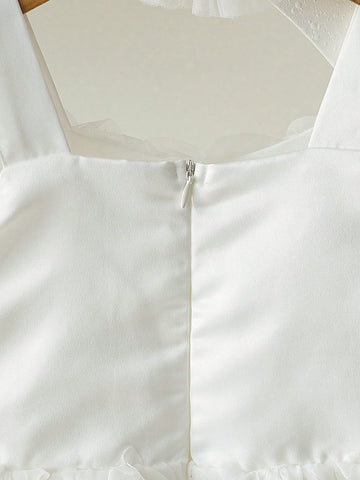 Kids Girls Elegant 3D Floral Embroidery Cap Sleeve Dress