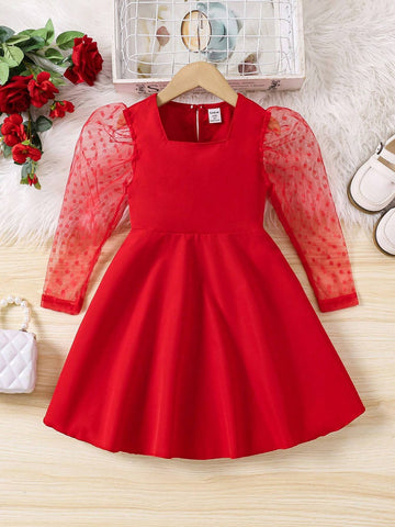 Kids Girls Elegant Polka Dot Sheer Puff Sleeve Cinched Waist Dress, Suitable For Spring, Summer, And Autumn