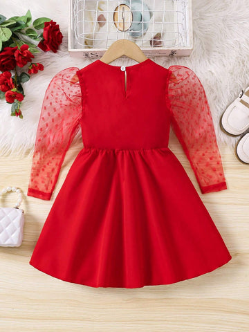 Kids Girls Elegant Polka Dot Sheer Puff Sleeve Cinched Waist Dress, Suitable For Spring, Summer, And Autumn