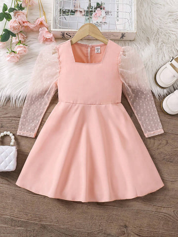 Girls Elegant Polka Dot Sheer Puff Sleeve Fitted Waist Dress, Suitable For Spring, Autumn And Summer