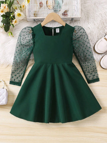 Kids Girls Elegant Polka Dot Sheer Puff Sleeve Waist Cinched Dress, Suitable For Spring, Summer And Autumn