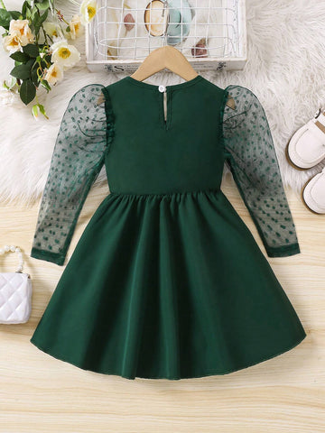 Kids Girls Elegant Polka Dot Sheer Puff Sleeve Waist Cinched Dress, Suitable For Spring, Summer And Autumn