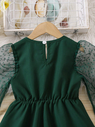 Kids Girls Elegant Polka Dot Sheer Puff Sleeve Waist Cinched Dress, Suitable For Spring, Summer And Autumn