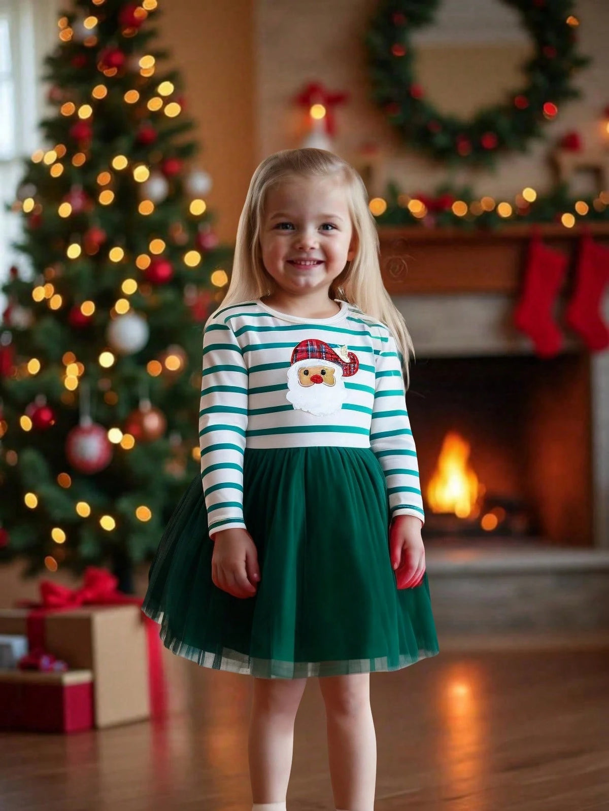 Kids Girls Toddler Christmas Red Striped Applique Santa Claus Mesh Dress