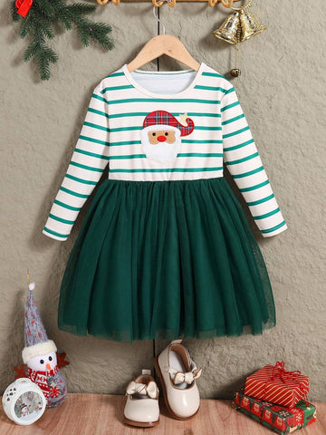 Kids Girls Toddler Christmas Red Striped Applique Santa Claus Mesh Dress