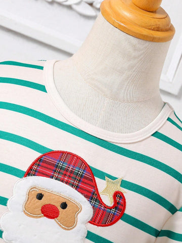 Kids Girls Toddler Christmas Red Striped Applique Santa Claus Mesh Dress
