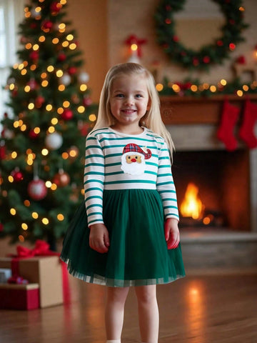 Kids Girls Toddler Christmas Red Striped Applique Santa Claus Mesh Dress