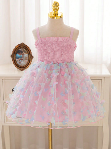 Toddler Girls' Blue & Pink Layered 3D Butterfly Mesh Patchwork A-Line Dress,Easter