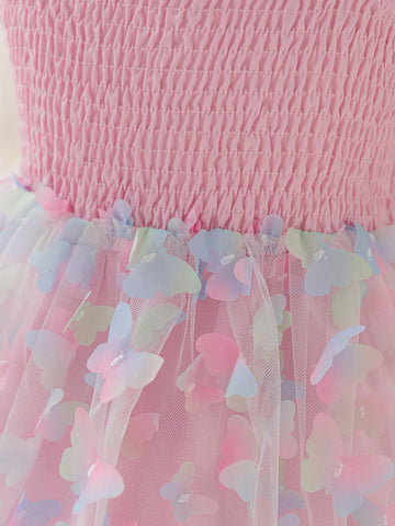 Toddler Girls' Blue & Pink Layered 3D Butterfly Mesh Patchwork A-Line Dress,Easter